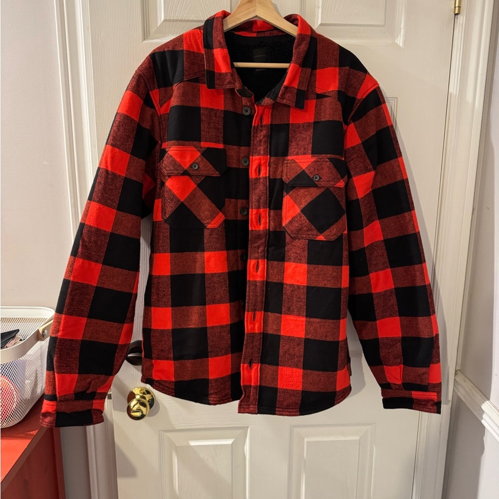 Men’s Sherpa lined Red and Black Plaid Flannel overshirt